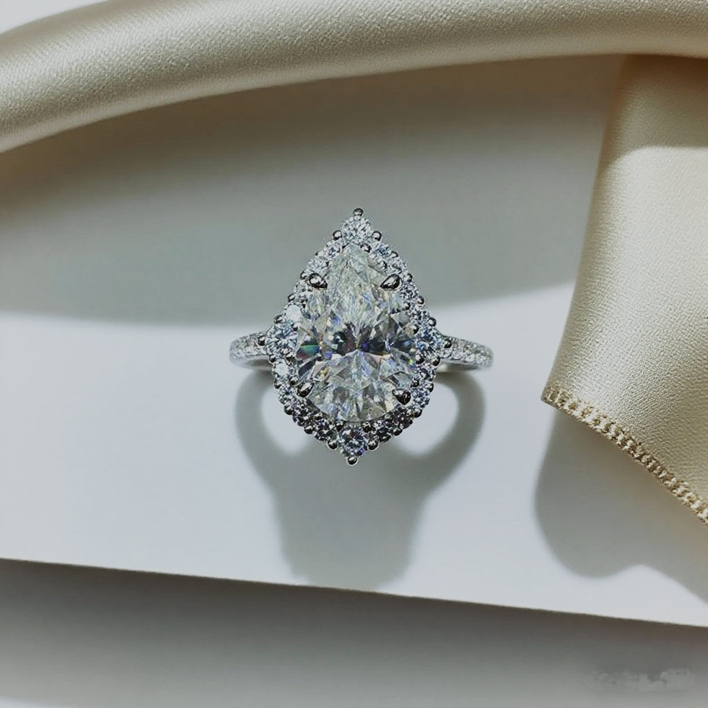 Elegant Pear Diamond Halo Silver Ring